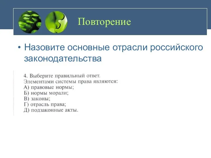 Повторение Назовите основные отрасли российского законодательства