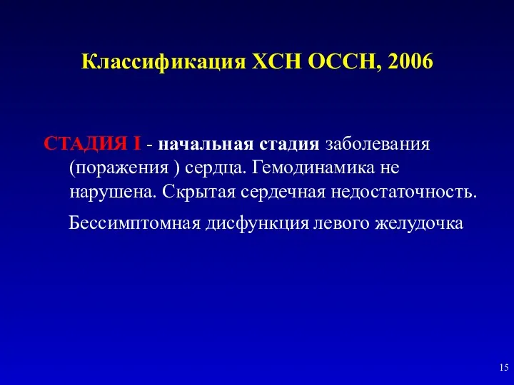 Классификация ХСН ОССН, 2006 СТАДИЯ I - начальная стадия заболевания