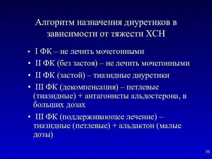 Алгоритм назначения диуретиков в зависимости от тяжести ХСН I ФК