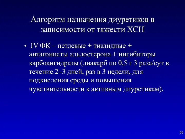 Алгоритм назначения диуретиков в зависимости от тяжести ХСН IV ФК