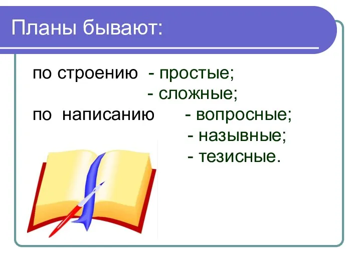 Планы бывают: по строению - простые; - сложные; по написанию - вопросные; - назывные; - тезисные.