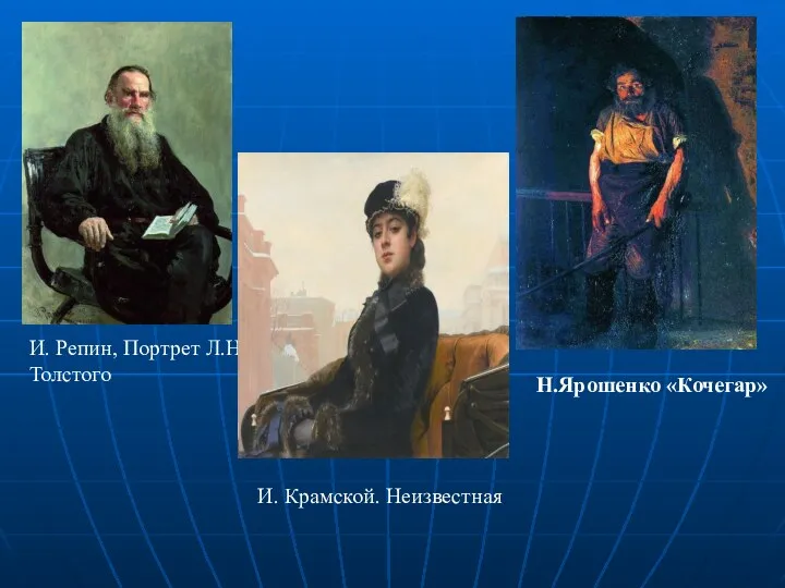 И. Репин, Портрет Л.Н.Толстого Н.Ярошенко «Кочегар» И. Крамской. Неизвестная