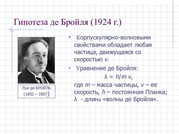 Гипотеза де Бройля (1924 г.) Корпускулярно-волновыми свойствами обладает любая частица,