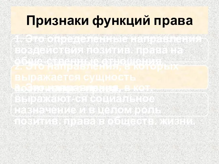 Признаки функций права 1. Это определенные направления воздействия позитив. права