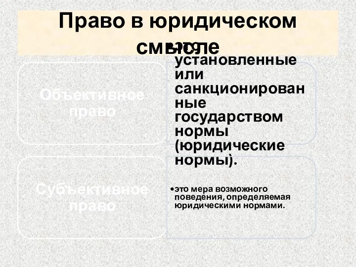 Право в юридическом смысле Объективное право это установленные или санкционированные