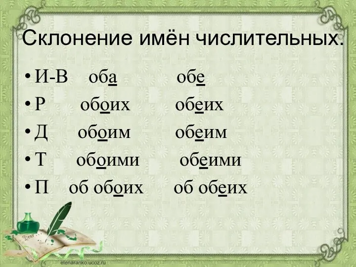 Склонение имён числительных. И-В оба обе Р обоих обеих Д