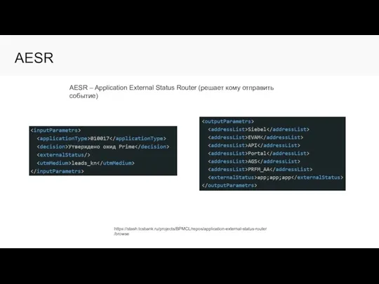 AESR https://stash.tcsbank.ru/projects/BPMCL/repos/application-external-status-router/browse AESR – Application External Status Router (решает кому отправить событие)