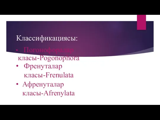 Классификациясы: Погонофоралар класы-Pogonophora Френуталар класы-Frenulata Афренуталар класы-Afrenylata