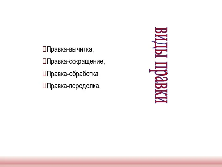 Правка-вычитка, Правка-сокращение, Правка-обработка, Правка-переделка. виды правки