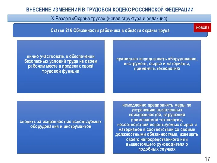 ВНЕСЕНИЕ ИЗМЕНЕНИЙ В ТРУДОВОЙ КОДЕКС РОССИЙСКОЙ ФЕДЕРАЦИИ Статья 216 Обязанности