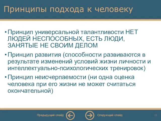 Принципы подхода к человеку Принцип универсальной талантливости НЕТ ЛЮДЕЙ НЕСПОСОБНЫХ,