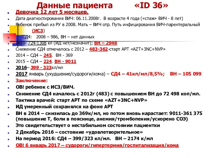 Данные пациента «ID 36» Девочка 12 лет 5 месяцев. Дата диагностирования ВИЧ: 06.11.2008г.