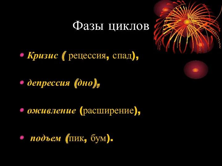 Фазы циклов Кризис ( рецессия, спад), депрессия (дно), оживление (расширение), подъем (пик, бум).