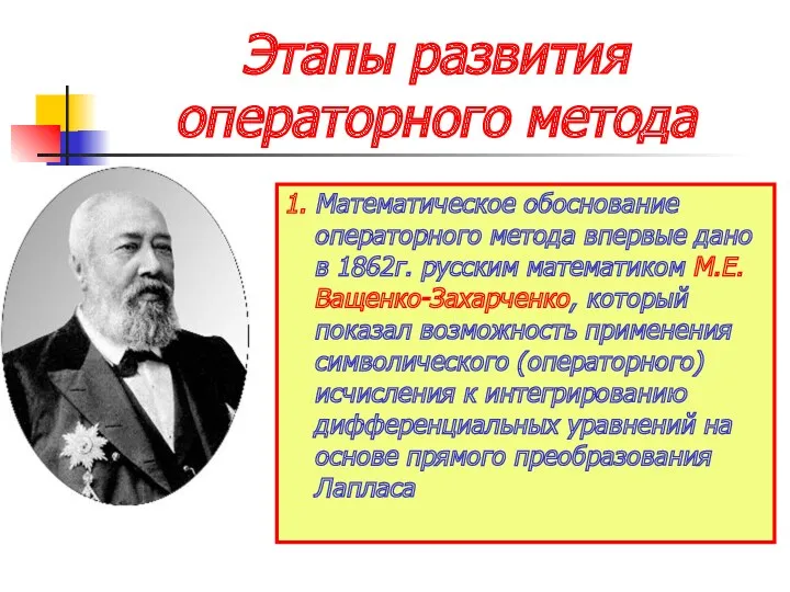 Этапы развития операторного метода 1. Математическое обоснование операторного метода впервые