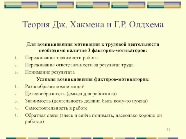 Теория Дж. Хакмена и Г.Р. Олдхема Для возникновения мотивации к