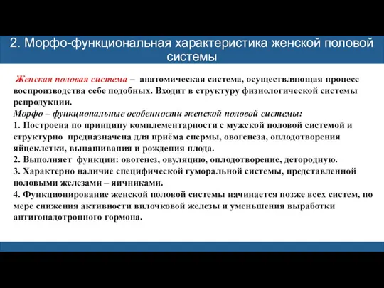 2. Морфо-функциональная характеристика женской половой системы Женская половая система –