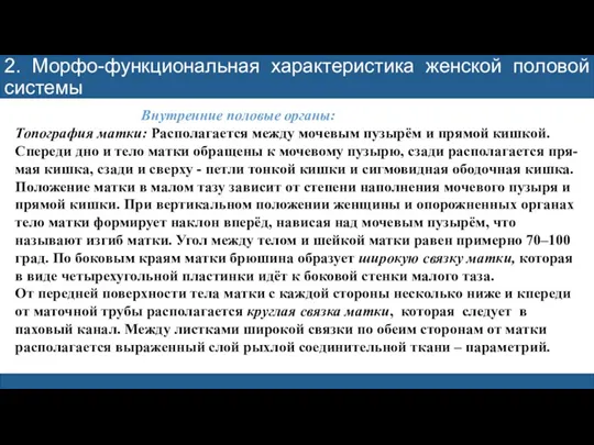 2. Морфо-функциональная характеристика женской половой системы Внутренние половые органы: Топография