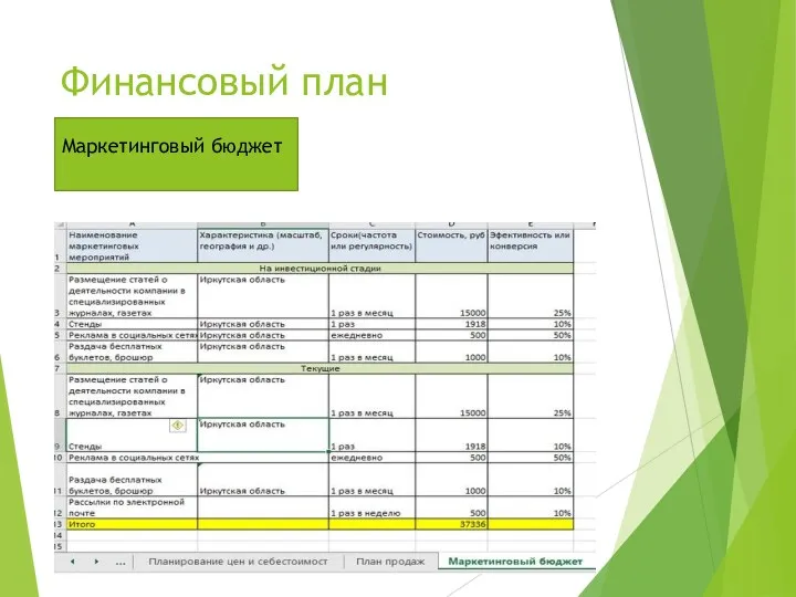 Финансовый план Маркетинговый бюджет