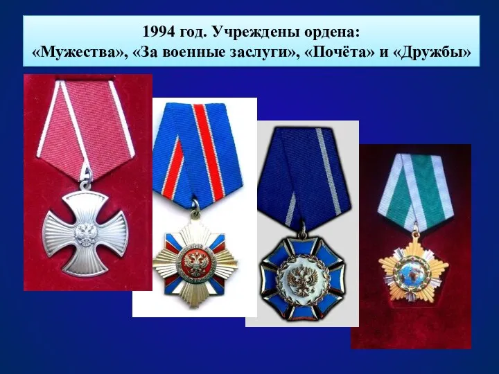 1994 год. Учреждены ордена: «Мужества», «За военные заслуги», «Почёта» и «Дружбы»