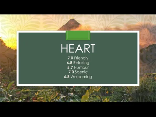 HEART 7.0 Friendly 6.8 Relaxing 5.7 Humour 7.0 Scenic 6.8 Welcoming