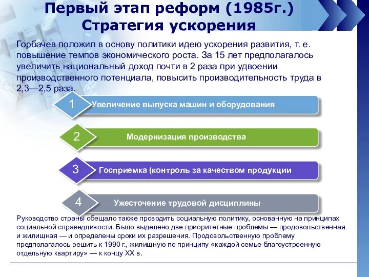Первый этап реформ (1985г.) Стратегия ускорения Горбачев положил в основу