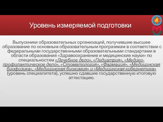 Уровень измеряемой подготовки Выпускники образовательных организаций, получившие высшее образование по