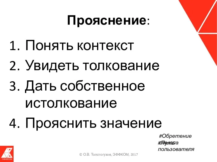 Прояснение: Понять контекст Увидеть толкование Дать собственное истолкование Прояснить значение