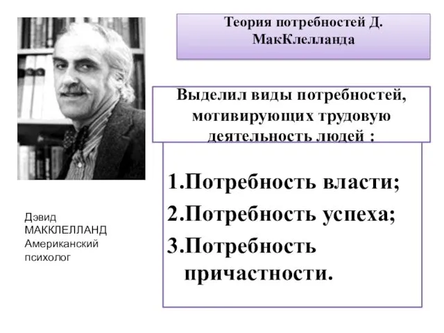 1.Потребность власти; 2.Потребность успеха; 3.Потребность причастности. Дэвид МАККЛЕЛЛАНД Американский психолог