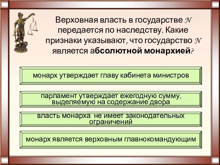 Верховная власть в государстве N передается по наследству. Какие признаки