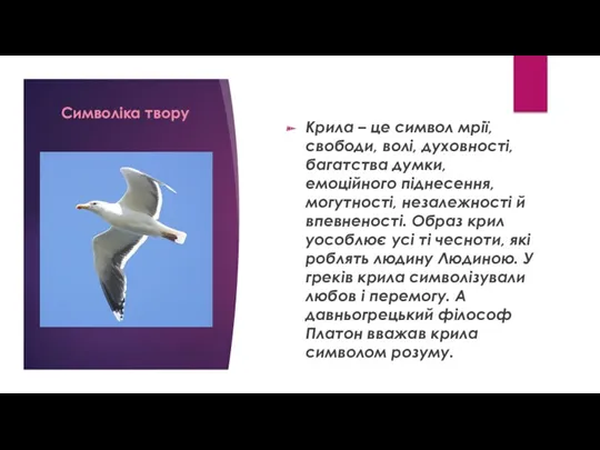 Символіка твору Крила – це символ мрії, свободи, волі, духовності, багатства думки, емоційного