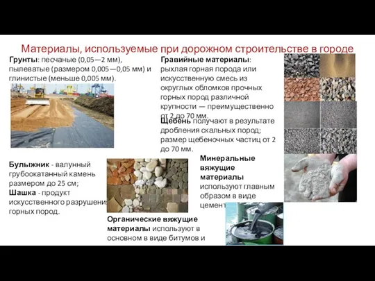Материалы, используемые при дорожном строительстве в городе Грунты: песчаные (0,05—2 мм), пылеватые (размером