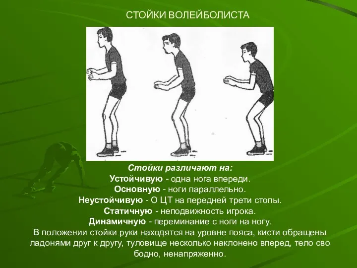 СТОЙКИ ВОЛЕЙБОЛИСТА Стойки различают на: Устойчивую - одна нога впереди.