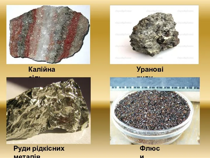 Калійна сіль Уранові руди Руди рідкісних металів Флюси