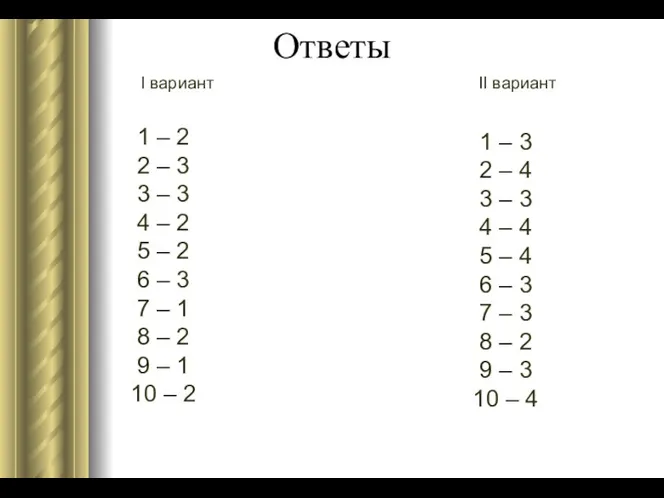 I вариант II вариант Ответы 1 – 2 2 –