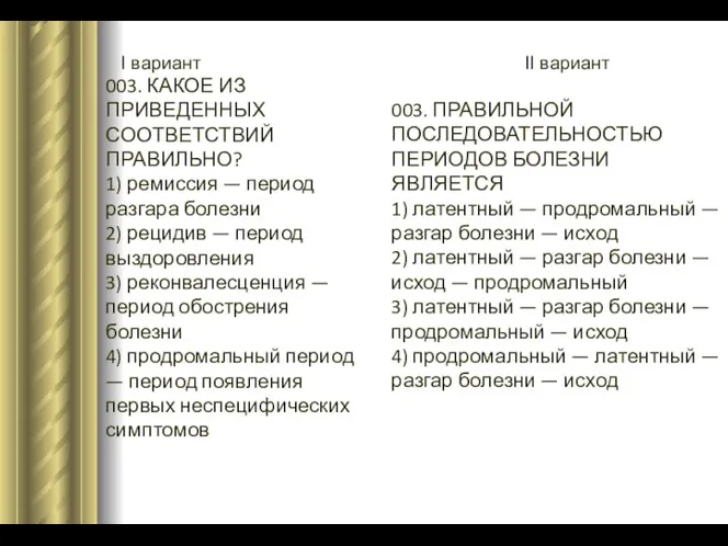 I вариант II вариант 003. КАКОЕ ИЗ ПРИВЕДЕННЫХ СООТВЕТСТВИЙ ПРАВИЛЬНО? 1) ремиссия —