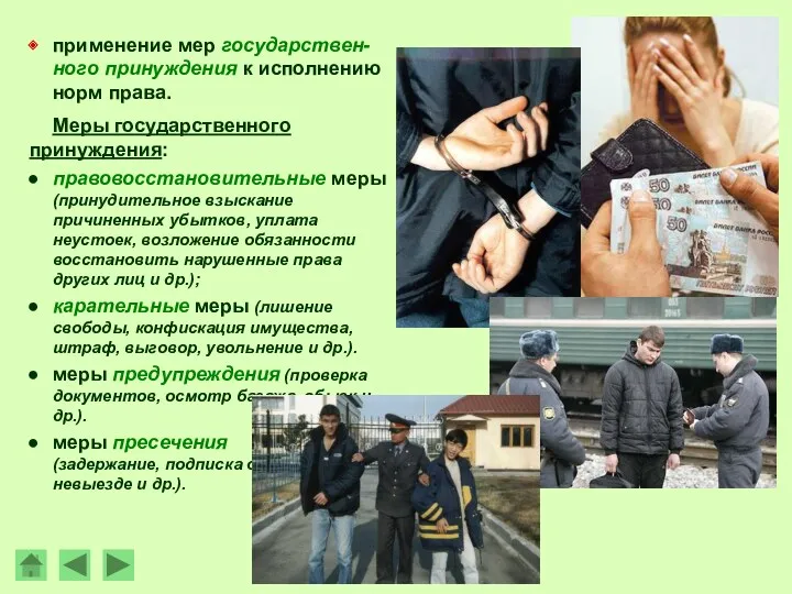 применение мер государствен-ного принуждения к исполнению норм права. Меры государственного