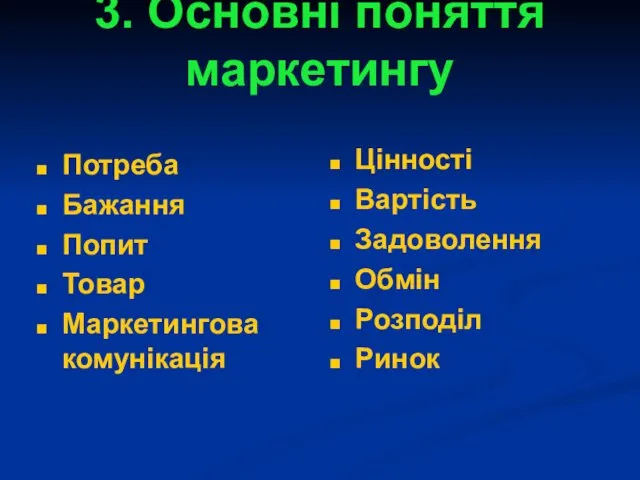 3. Основні поняття маркетингу Потреба Бажання Попит Товар Маркетингова комунікація Цінності Вартість Задоволення Обмін Розподіл Ринок