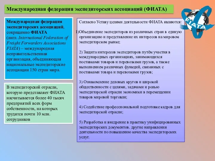 Международная федерация экспедиторских ассоциаций, сокращенно ФИАТА (англ. International Federation of