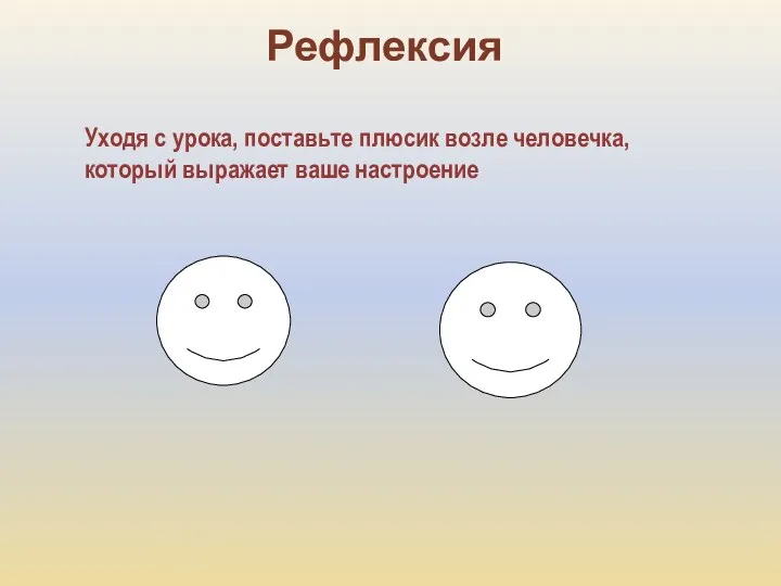 Рефлексия Уходя с урока, поставьте плюсик возле человечка, который выражает ваше настроение