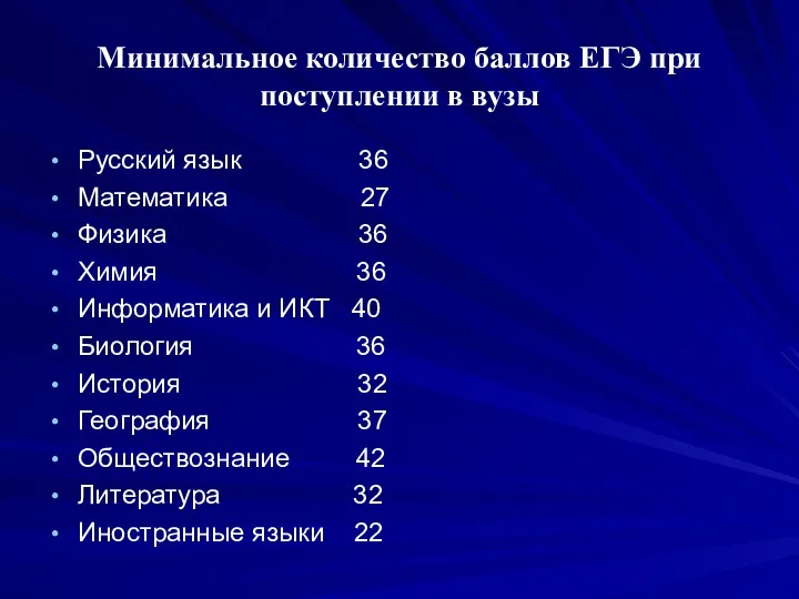 Минимальное количество баллов ЕГЭ при поступлении в вузы Русский язык