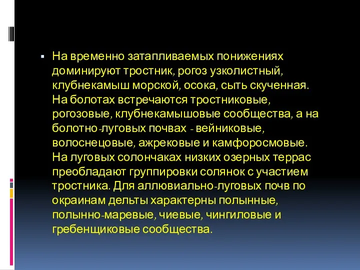 На временно затапливаемых понижениях доминируют тростник, рогоз узколистный, клубнекамыш морской,