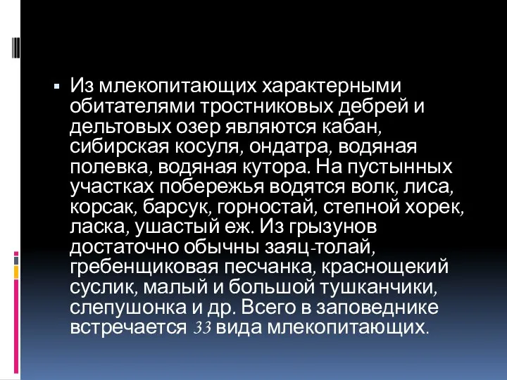 Из млекопитающих характерными обитателями тростниковых дебрей и дельтовых озер являются