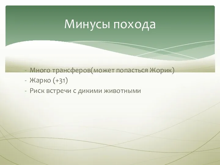 Много трансферов(может попасться Жорик) Жарко (+31) Риск встречи с дикими животными Минусы похода