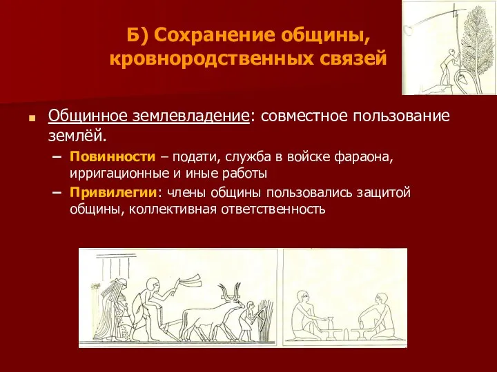 Б) Сохранение общины, кровнородственных связей Общинное землевладение: совместное пользование землёй.