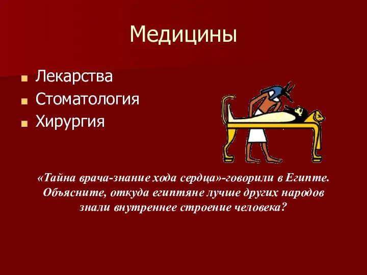 Медицины Лекарства Стоматология Хирургия «Тайна врача-знание хода сердца»-говорили в Египте.