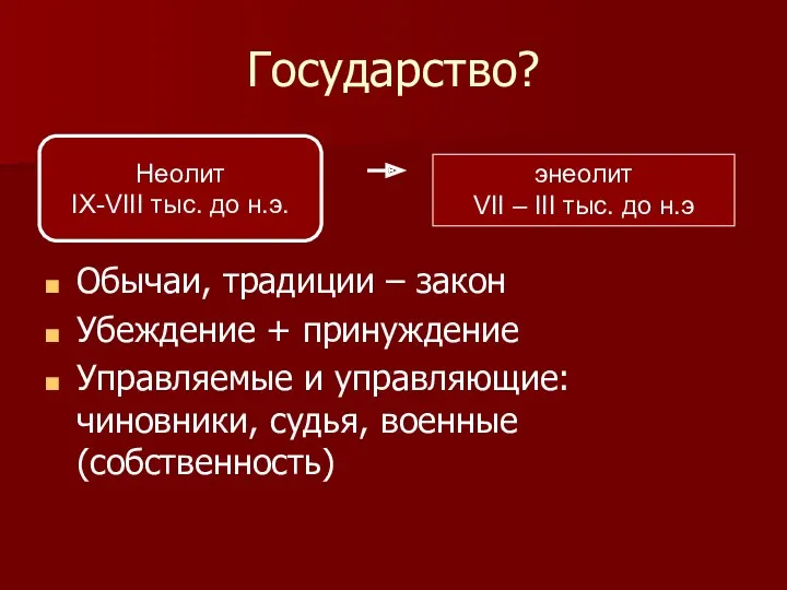 Государство? Обычаи, традиции – закон Убеждение + принуждение Управляемые и