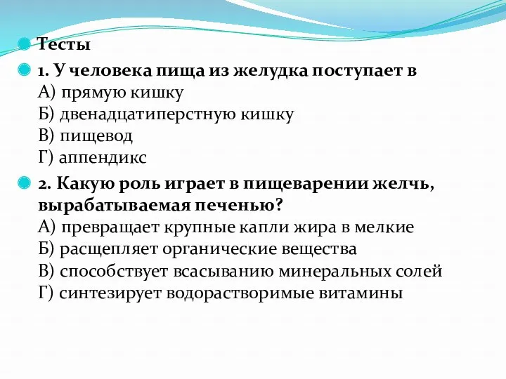 Тесты 1. У человека пища из желудка поступает в А)