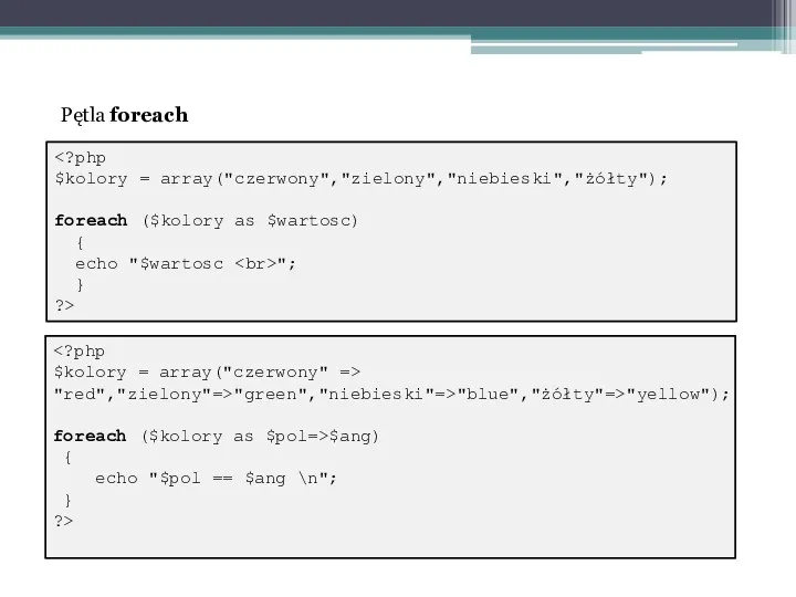 $kolory = array("czerwony","zielony","niebieski","żółty"); foreach ($kolory as $wartosc) { echo "$wartosc