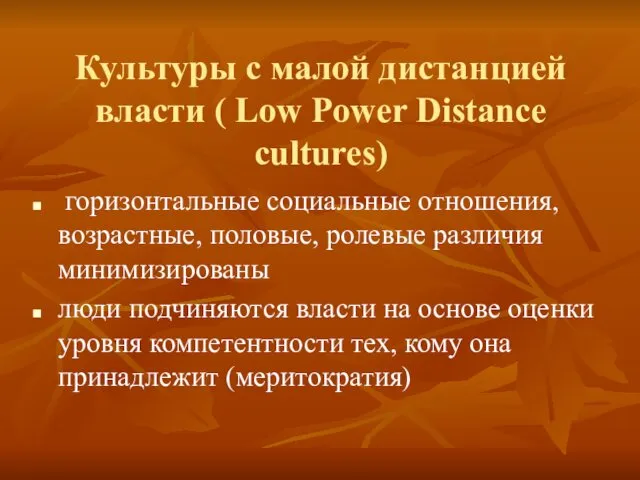 Культуры с малой дистанцией власти ( Low Power Distance cultures) горизонтальные социальные отношения,