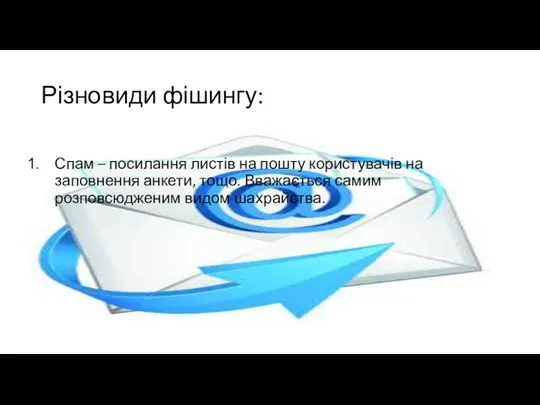 Різновиди фішингу: Спам – посилання листів на пошту користувачів на